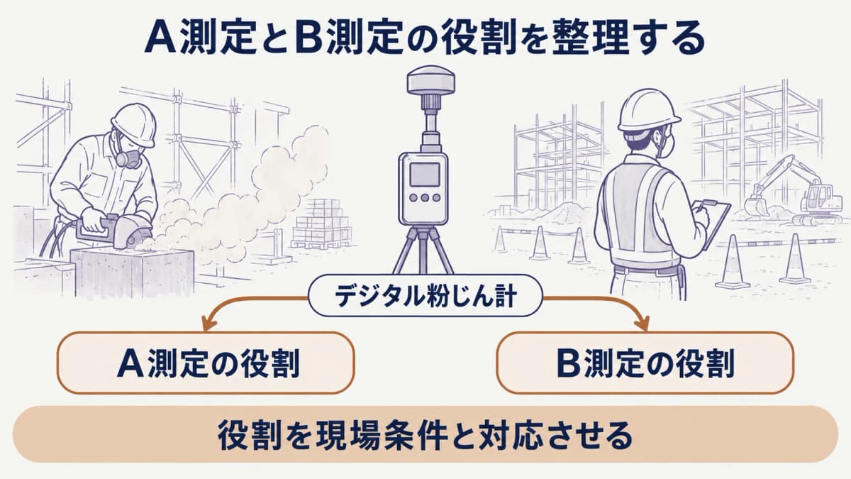 A測定とB測定の条件を確認するデジタル粉じん計