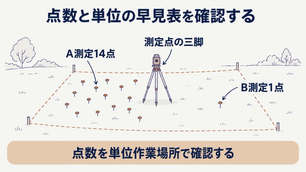測定点数と単位作業場所を整理する測定点の三脚