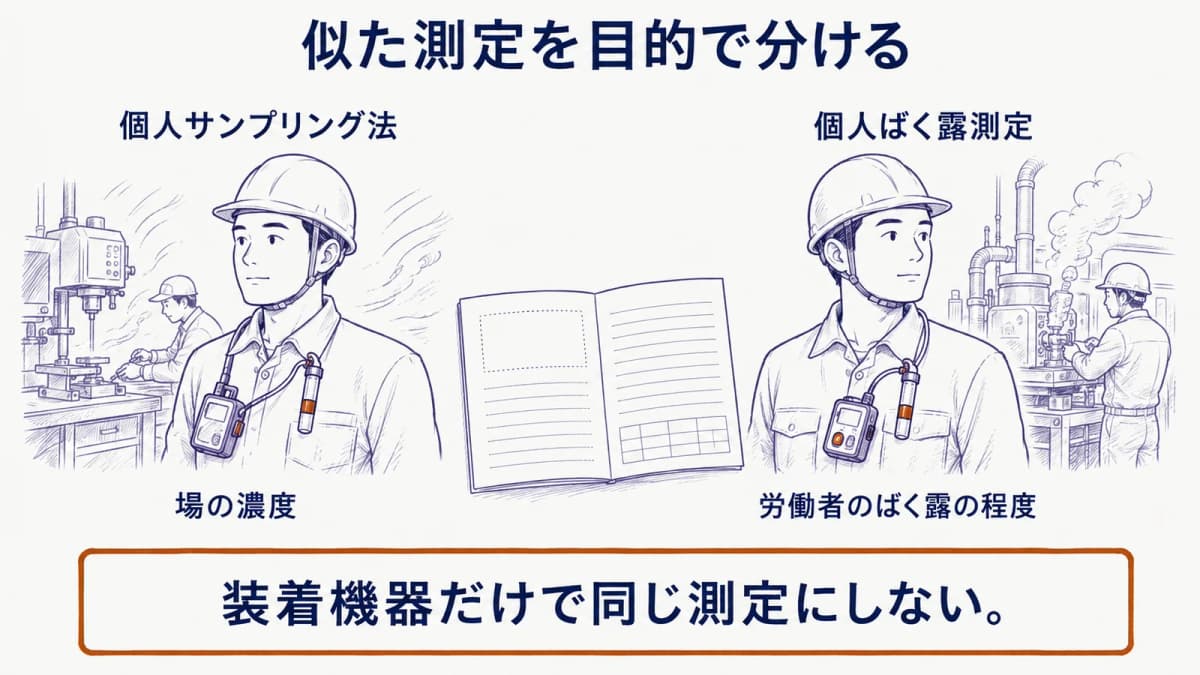 作業者の襟元の試料採取機器、単位作業場所の作業環境、呼吸域を並べて個人サンプリング法と個人ばく露測定を分ける図