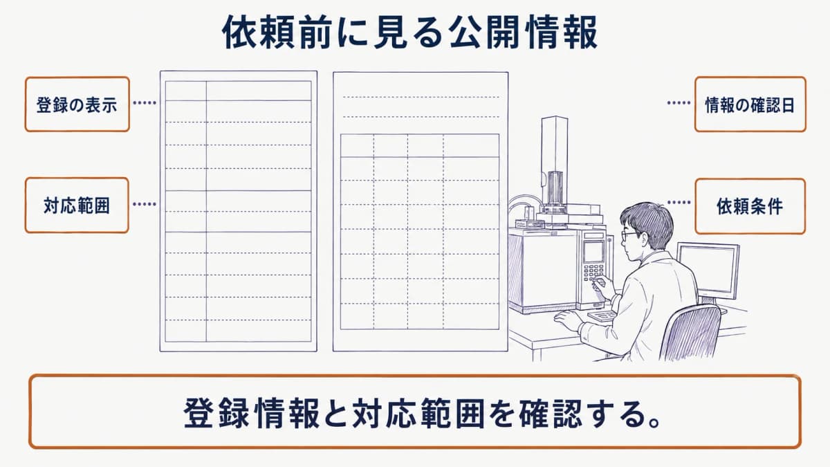 登録内容、対応範囲、確認日を記録の紙面とガスクロマトグラフで照合する図
