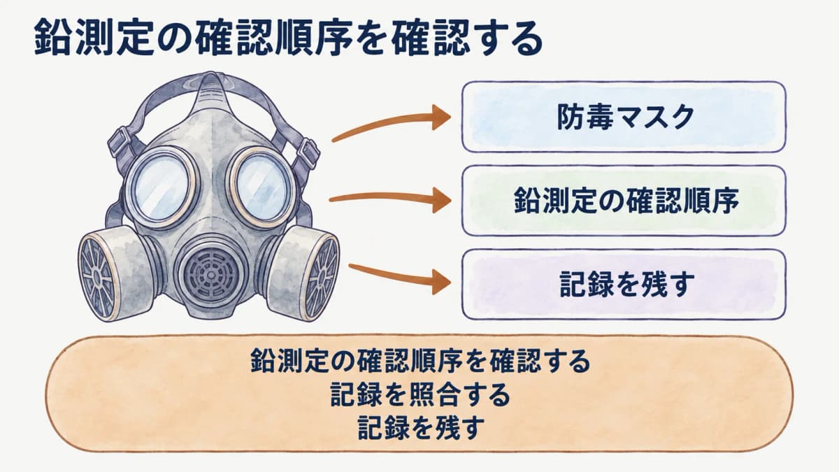 鉛測定の予定を整理する防毒マスク
