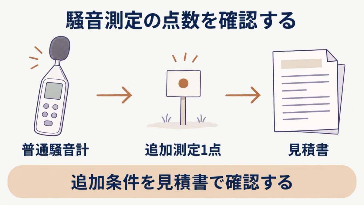騒音測定の追加条件を示す普通騒音計と追加測定1点
