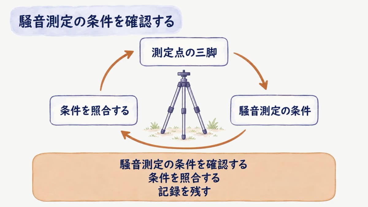 騒音の測定条件を整理する測定点の三脚