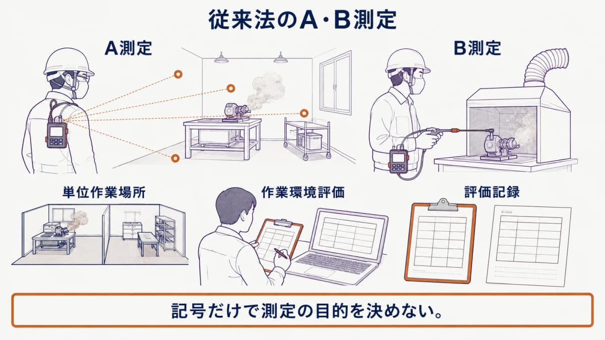 作業場の複数地点でデジタル粉じん計を使うA測定と、発散源近くを確認するB測定を描いた図