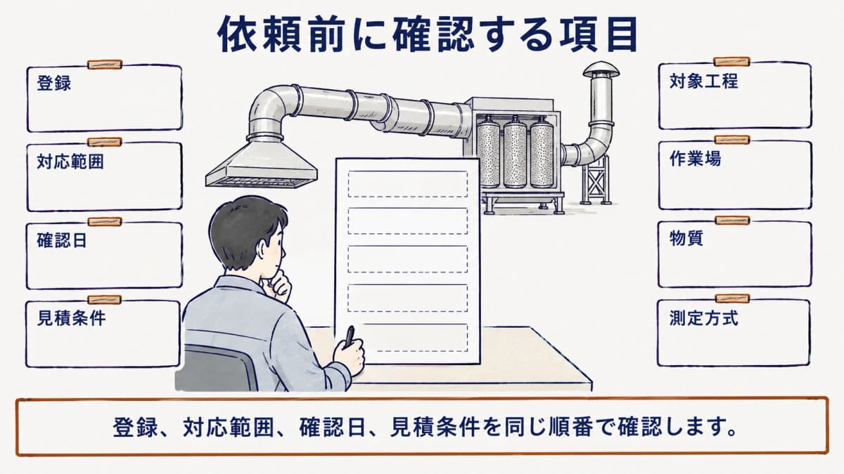 局所排気装置、活性炭管、登録内容・対応範囲・確認日を記した紙面を描いた確認図