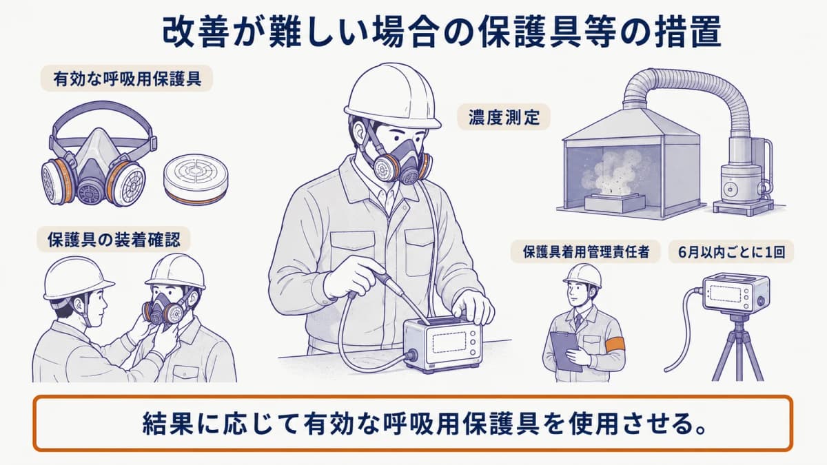 防じんマスクを装着した作業者と試料採取ポンプを描き改善が難しい場合の保護具措置を示す図