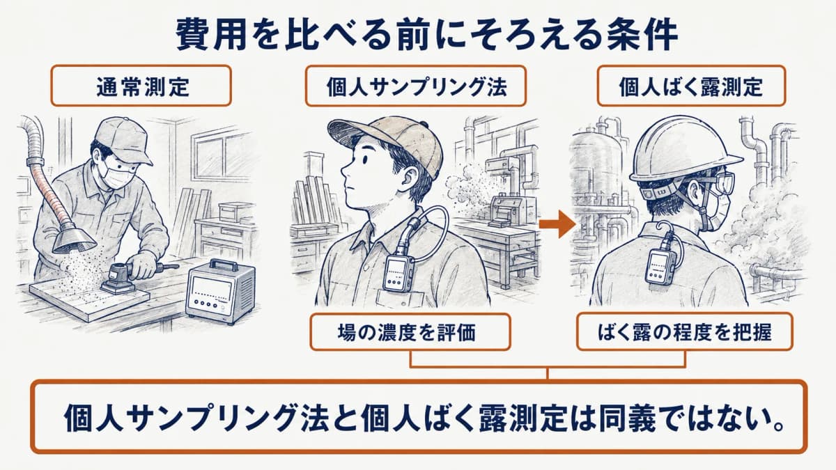 試料採取ポンプ、捕集管、デジタル粉じん計を使い、費用確認の条件を整理した図