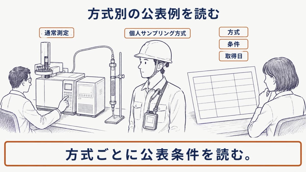 ガスクロマトグラフ、活性炭管、粉じん計を描き、方式別に料金条件を読む図