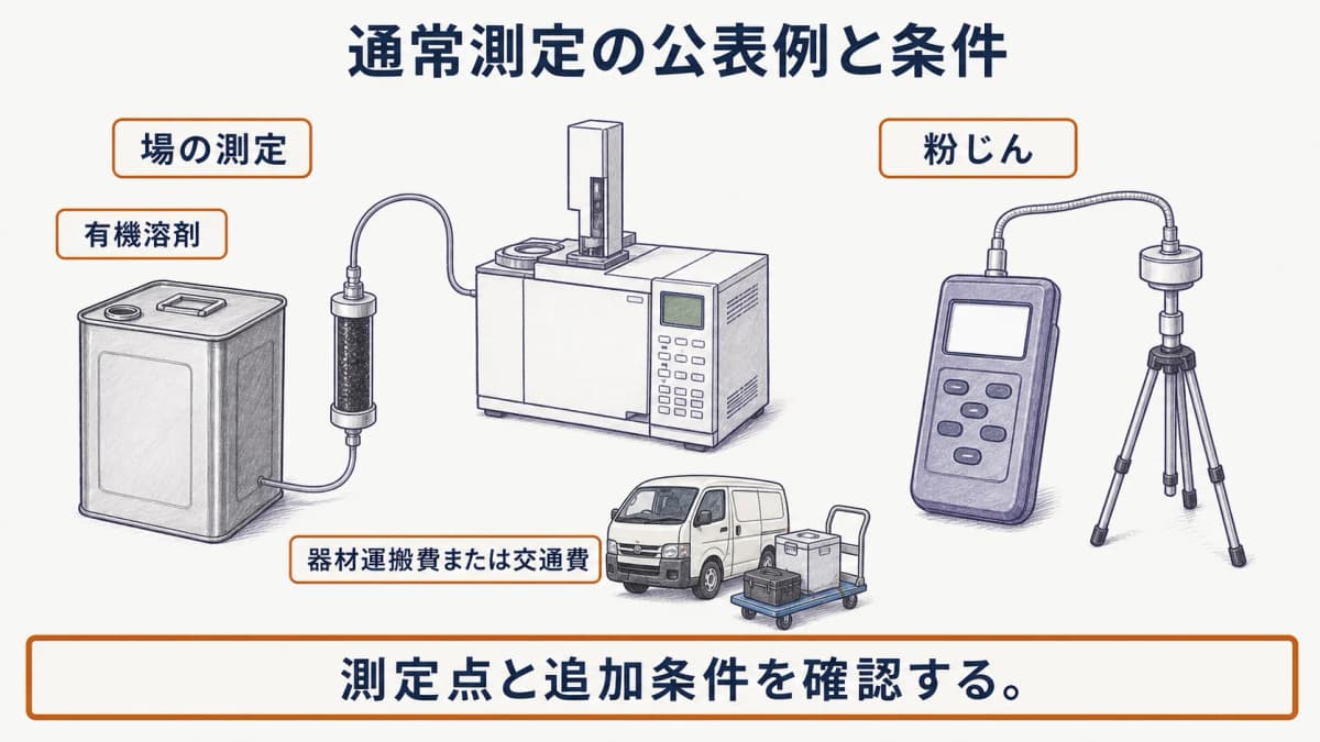 有機溶剤の捕集管、デジタル粉じん計、作業環境測定結果報告書を描いた通常測定の条件図