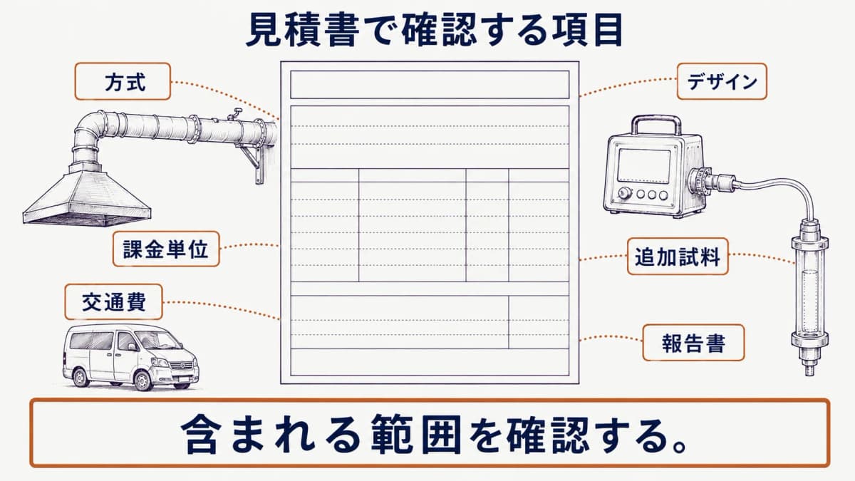 見積書、局所排気装置、試料採取ポンプを囲み、確認項目を順に示した図