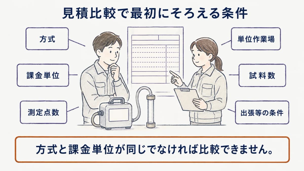 試料採取ポンプ、捕集管、見積書を描き、見積比較の条件をそろえる図
