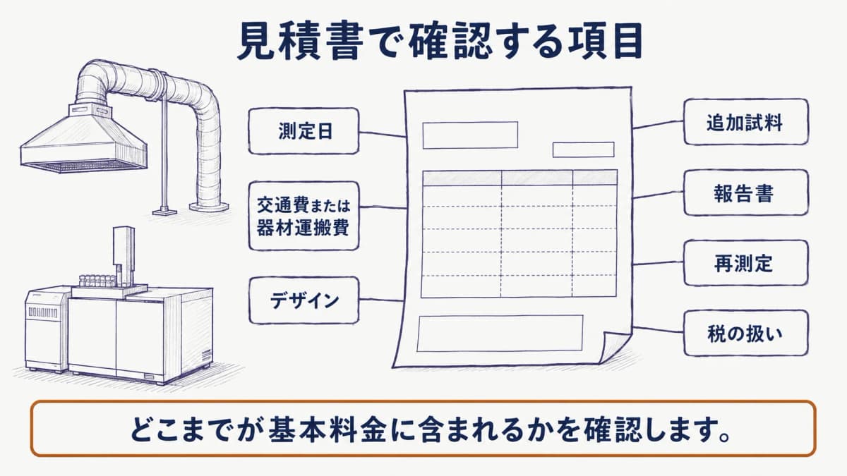 局所排気装置、ガスクロマトグラフ、見積書の条件欄を描いた確認項目の図