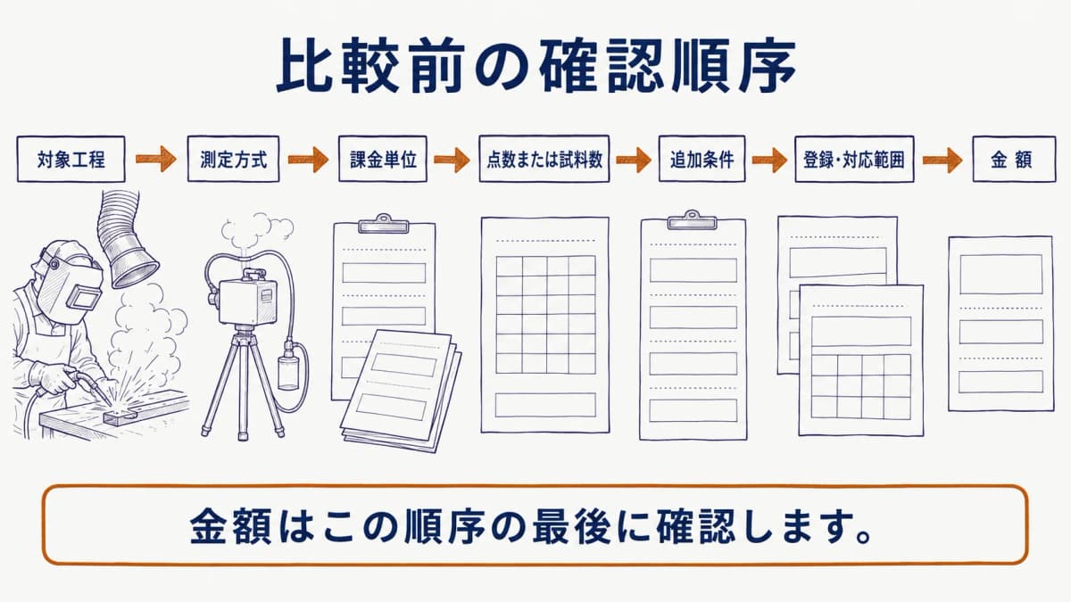 作業環境測定結果報告書、溶接トーチ、登録内容を順番に確認する流れの図