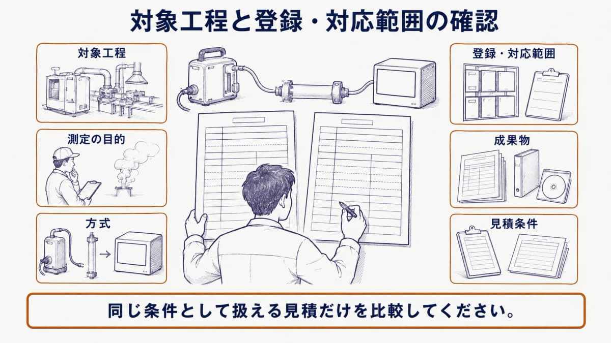 試料採取ポンプ、捕集管、二つの見積書を使い、条件を照合する最終確認の図